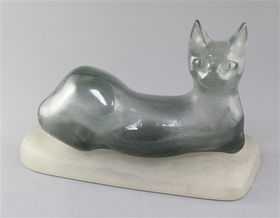 Claude Lhoste for Daum, a grey pate de verre glass seated cat, impressed Daum France, length 40cm, height 25cm incl. base